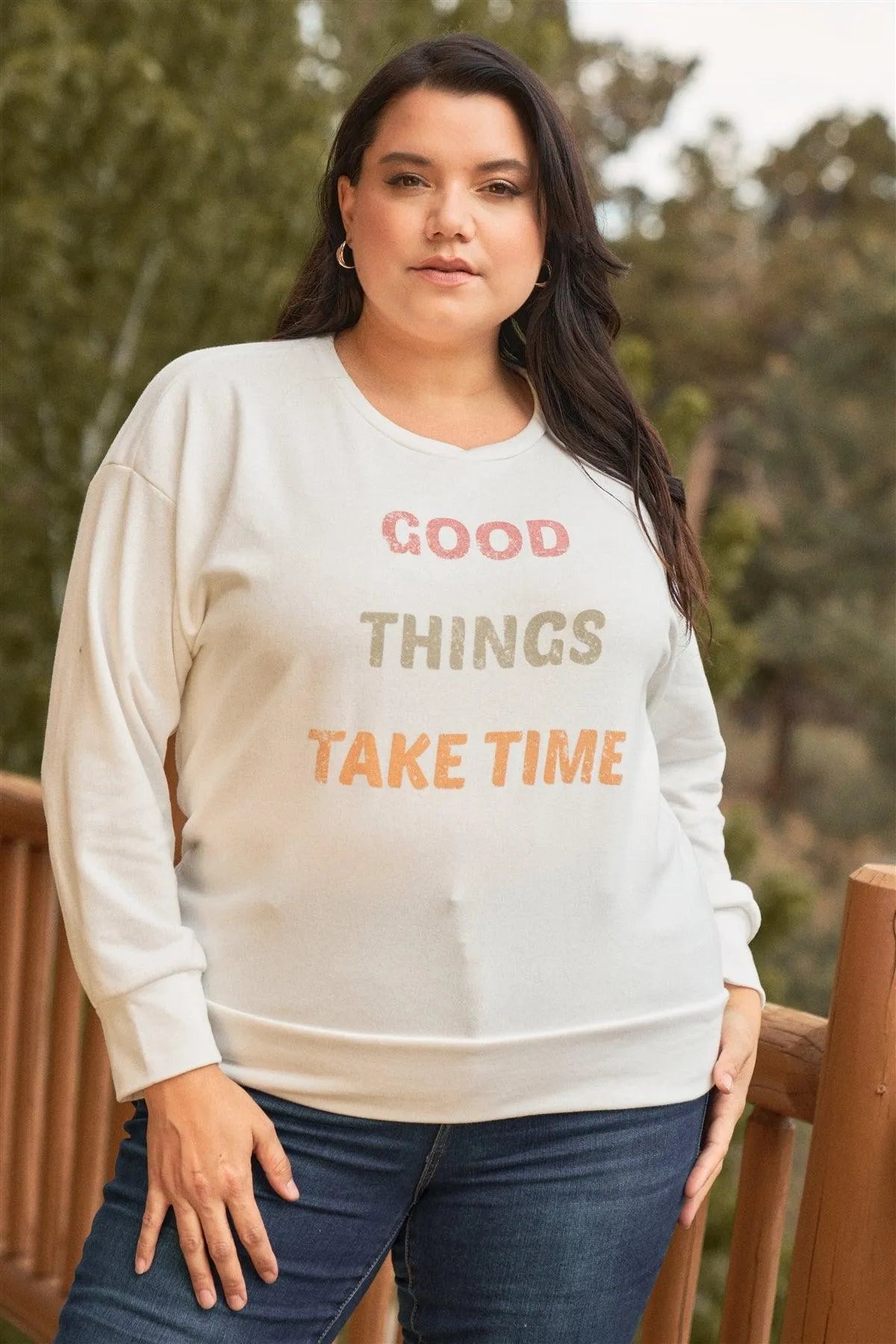 Junior Plus White Metaphor Printed Long Sleeve Relaxed Sweatshirt Top /3-2-1 - Tasha Apparel Wholesale