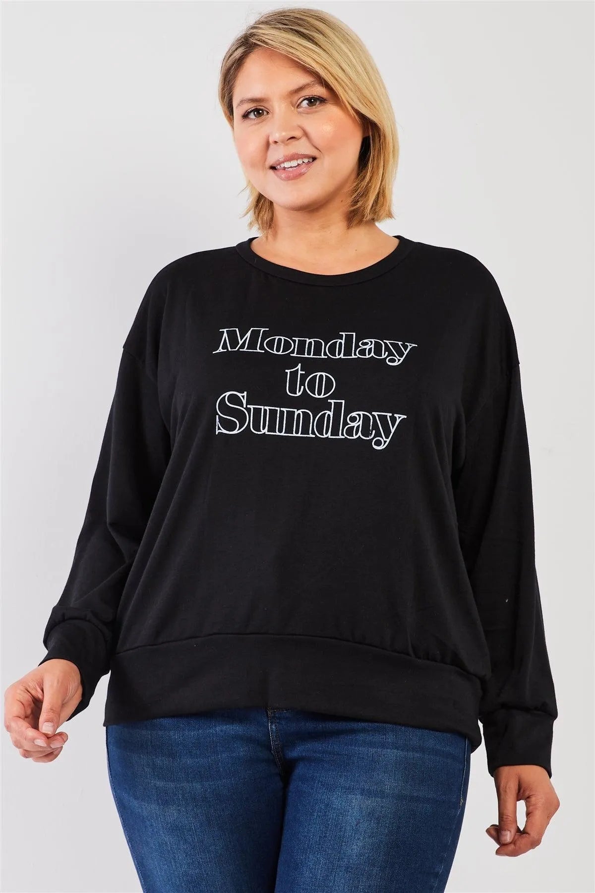 Black "Monday Sunday" Print Long Sleeve Relaxed Sweatshirt Top /3-2-1 - Tasha Apparel Wholesale
