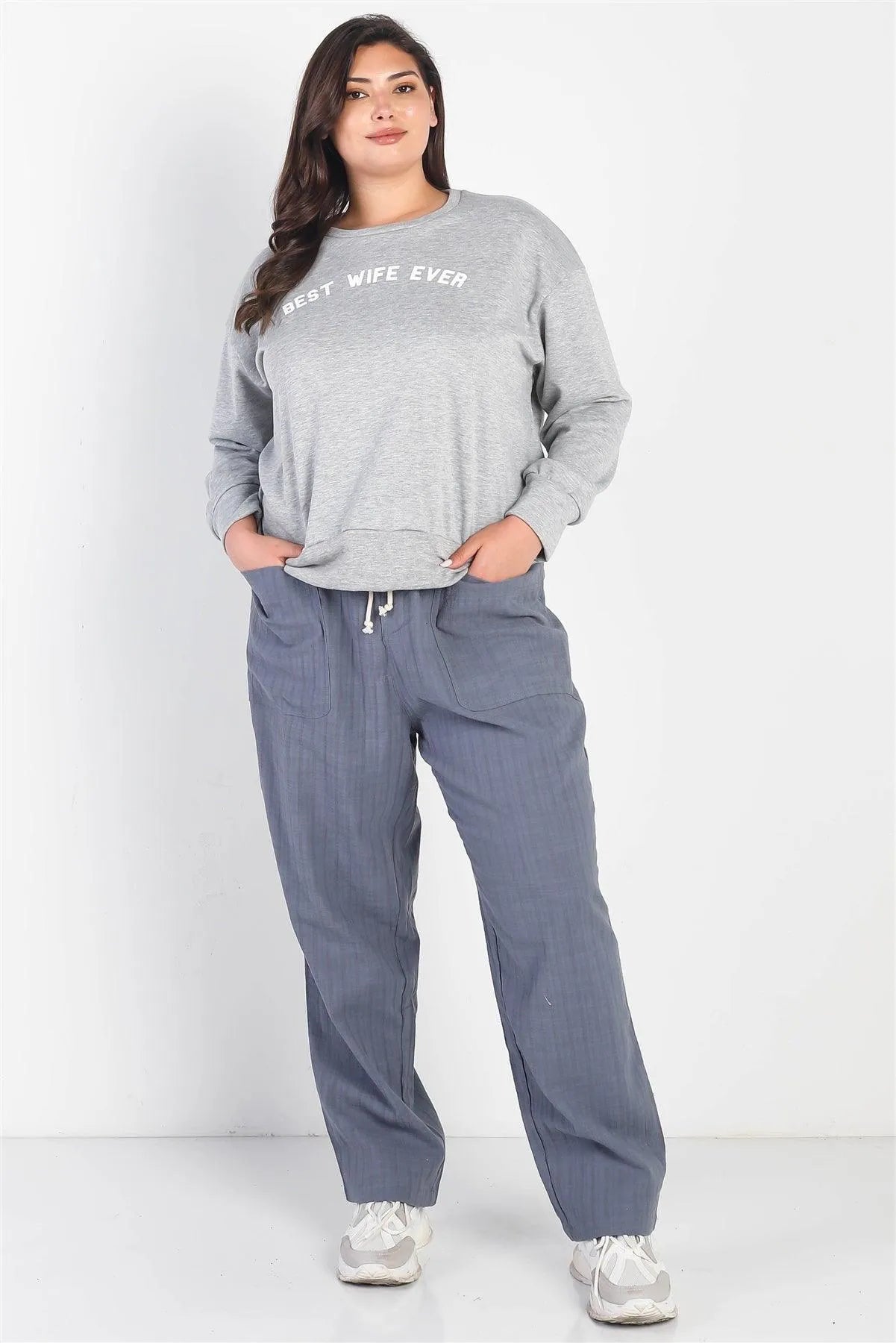 Junior Plus Heather Grey "Best Wife Ever" Long Sleeve Top /2-2 - Tasha Apparel Wholesale