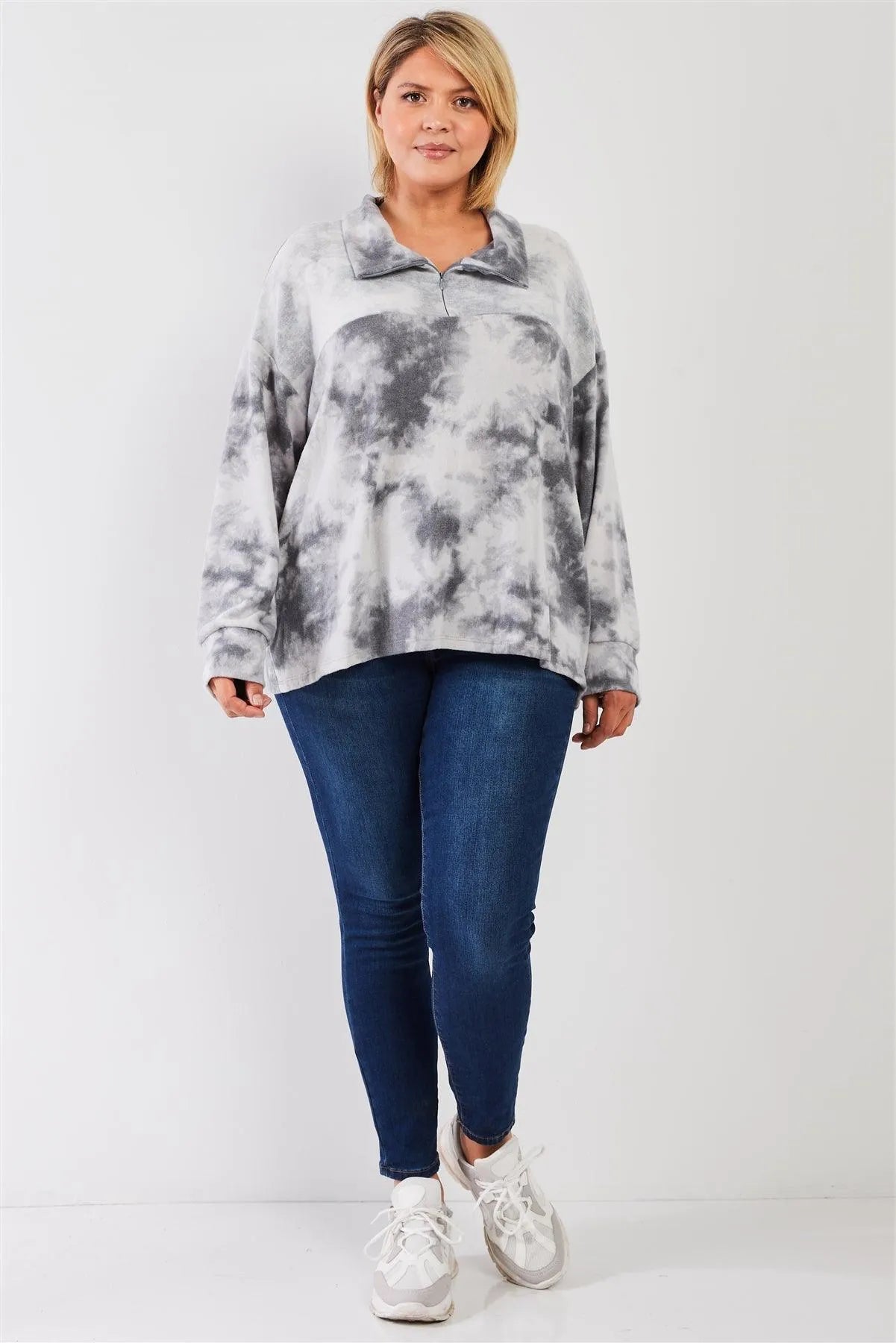 Junior Plus Graphite Tie-Dye Print Fleece Combo Plush Collared Neck Long Sleeve Loose Fit Top /1-2-1 - Tasha Apparel Wholesale