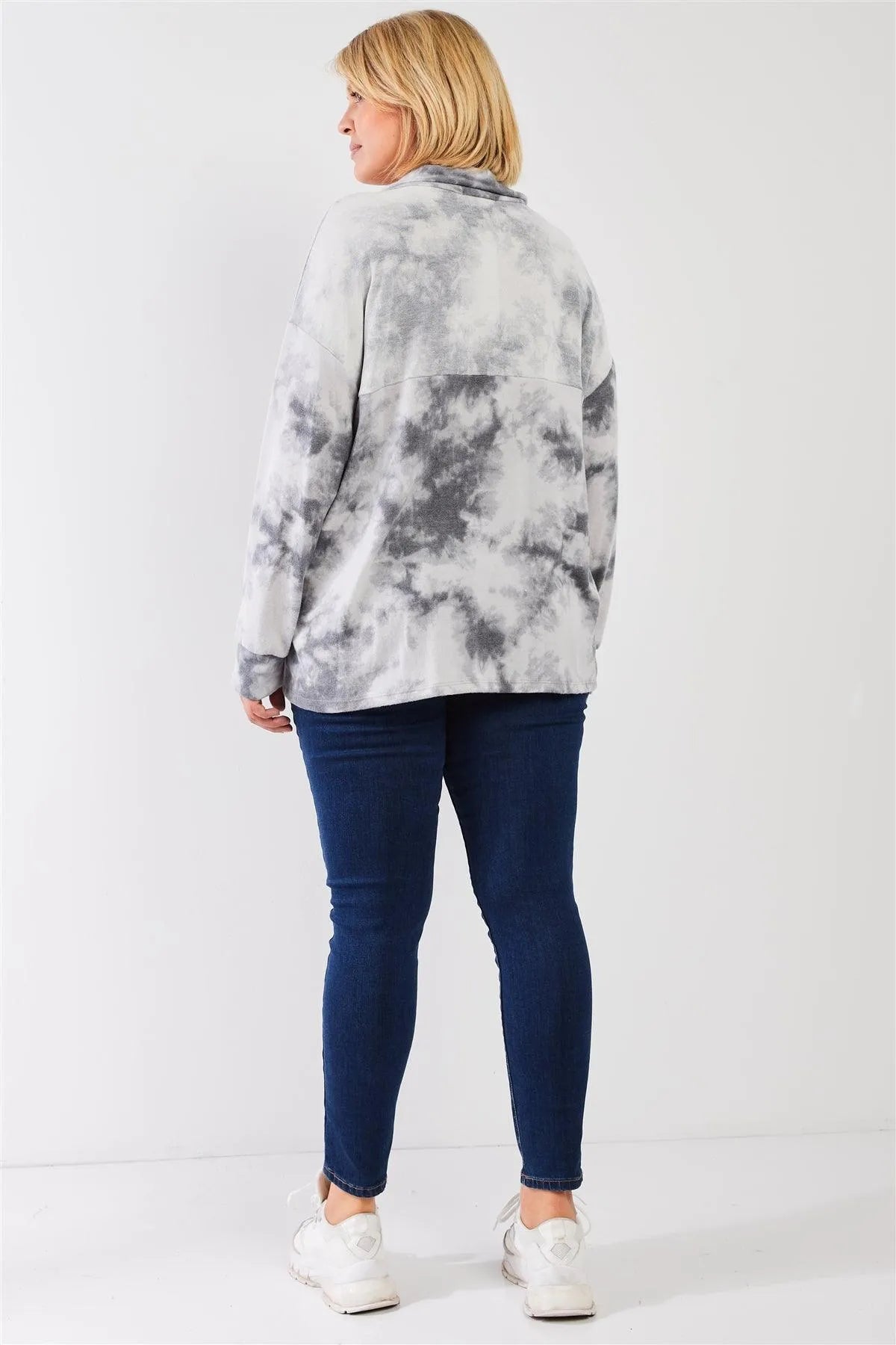 Junior Plus Graphite Tie-Dye Print Fleece Combo Plush Collared Neck Long Sleeve Loose Fit Top /1-2-1 - Tasha Apparel Wholesale