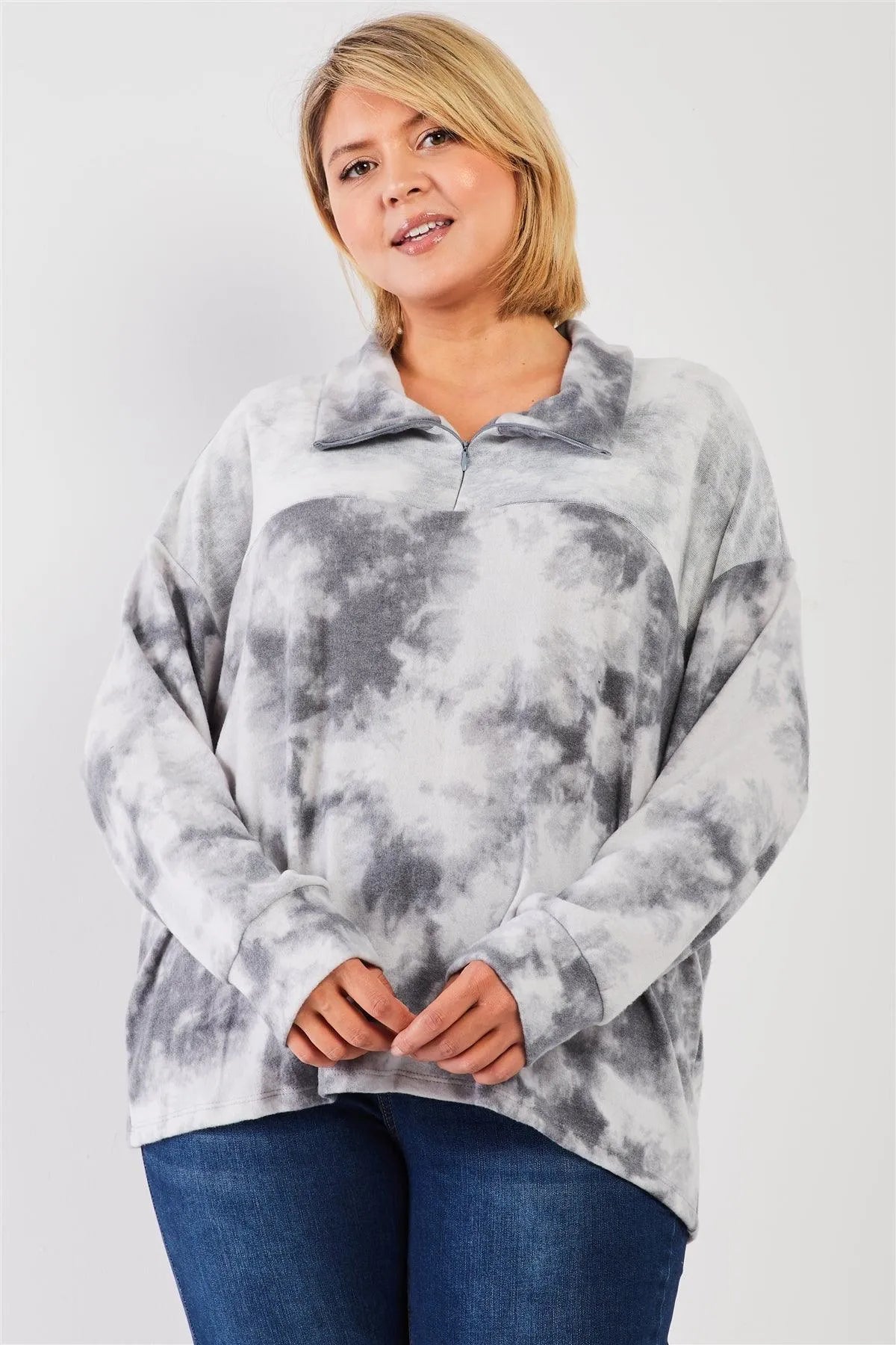 Junior Plus Graphite Tie-Dye Print Fleece Combo Plush Collared Neck Long Sleeve Loose Fit Top /1-2-1 - Tasha Apparel Wholesale