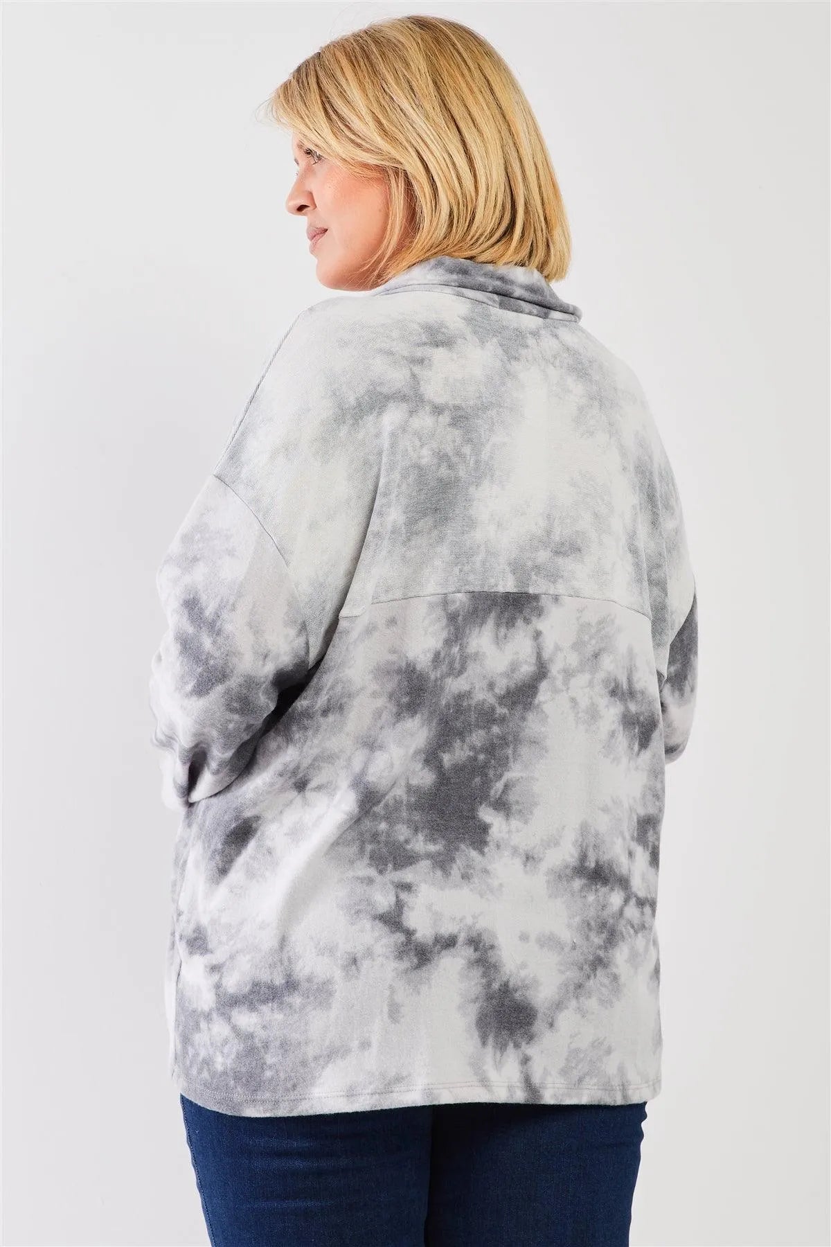 Junior Plus Graphite Tie-Dye Print Fleece Combo Plush Collared Neck Long Sleeve Loose Fit Top /1-2-1 - Tasha Apparel Wholesale