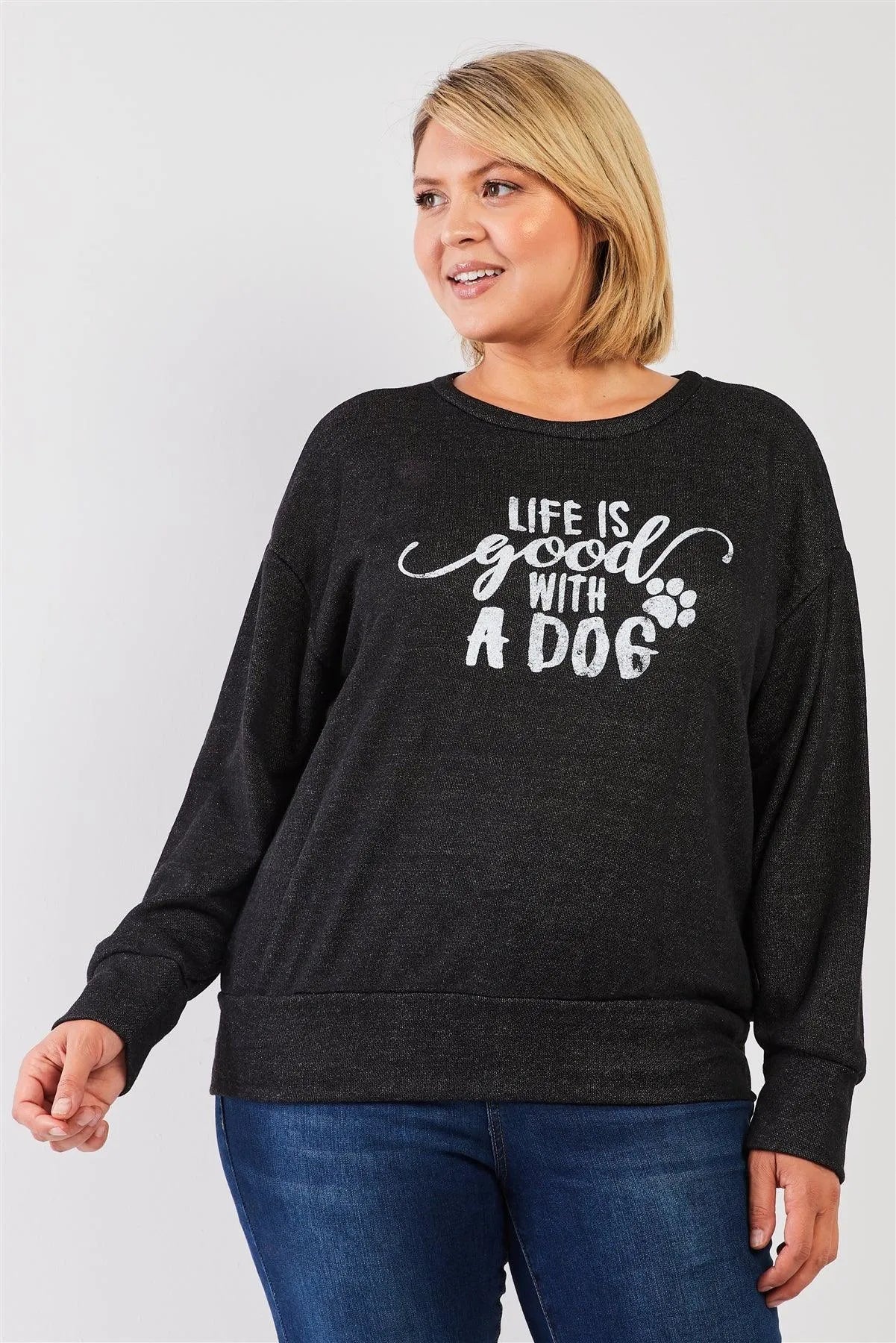Junior Plus Black Light Weave Graphic Print Detail Long Sleeve Top /3-2-1 - Tasha Apparel Wholesale