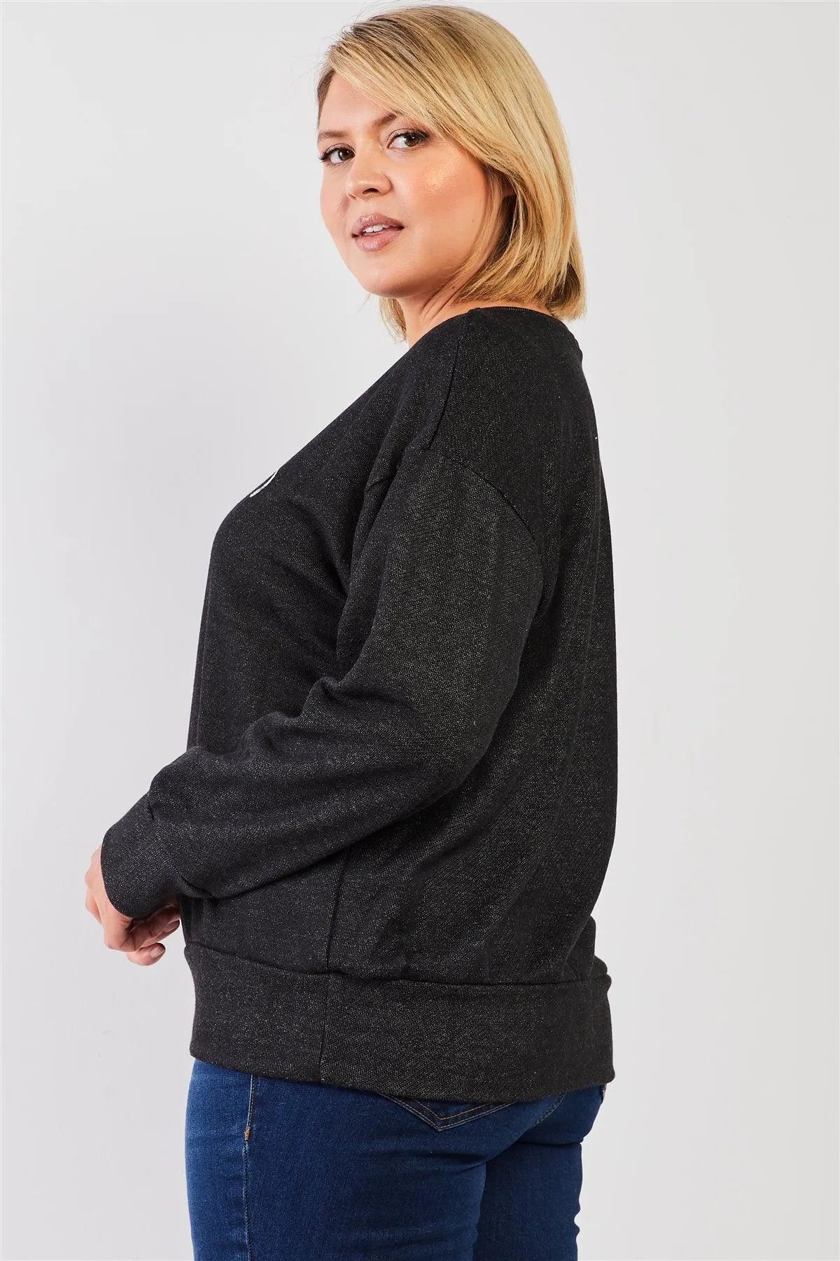 Junior Plus Black Light Weave Graphic Print Detail Long Sleeve Top /3-1-2 - Tasha Apparel Wholesale