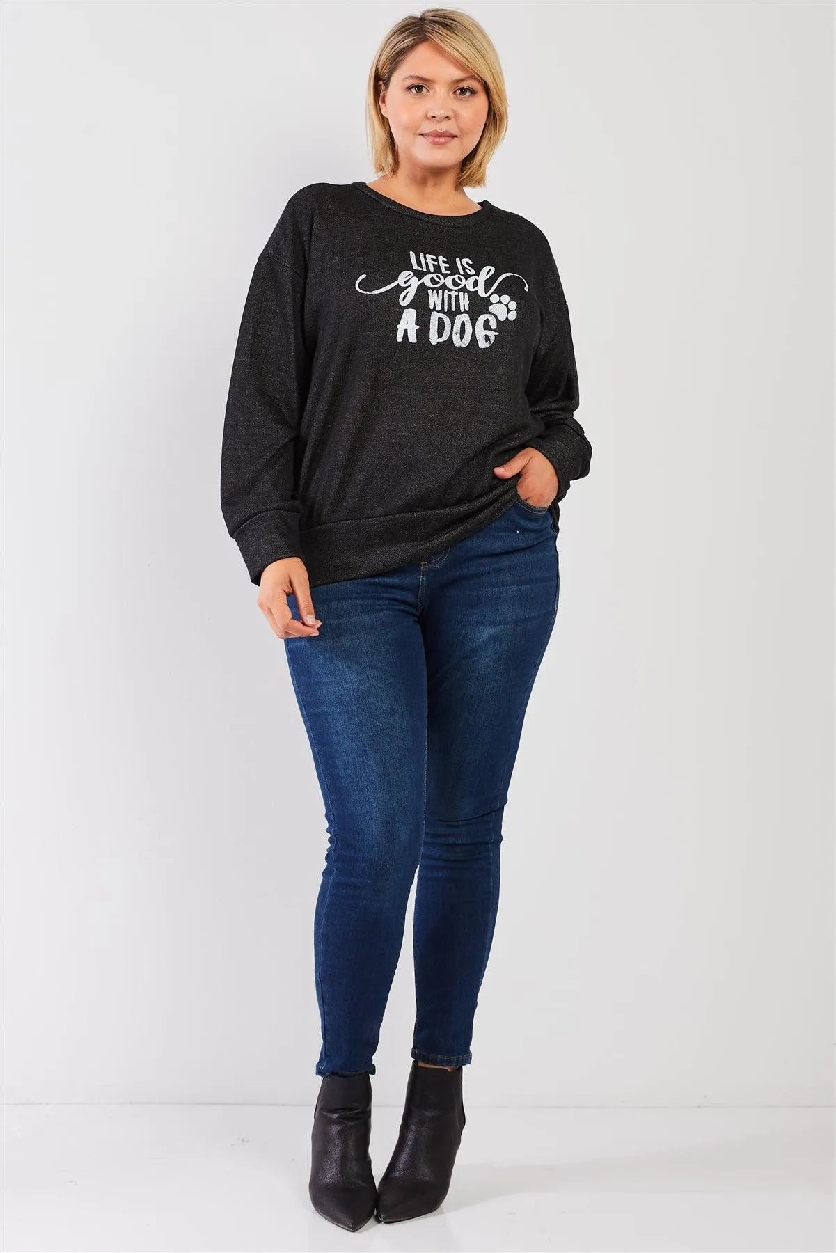 Junior Plus Black Light Weave Graphic Print Detail Long Sleeve Top /3-1-2 - Tasha Apparel Wholesale