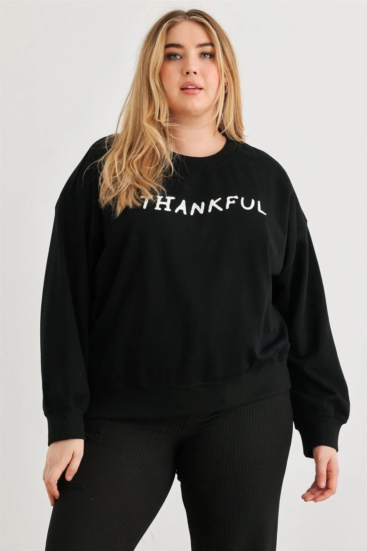 Junior Plus Black"Thankful" Cotton Long Sleeve Sweater /3-2-1 - Tasha Apparel Wholesale