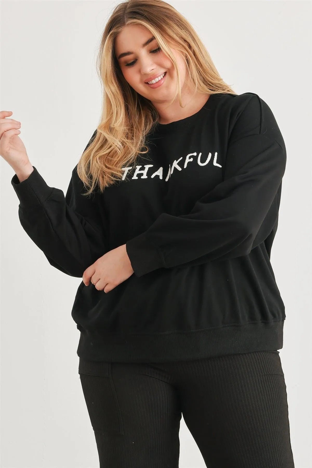 Junior Plus Black"Thankful" Cotton Long Sleeve Sweater /3-2-1 - Tasha Apparel Wholesale