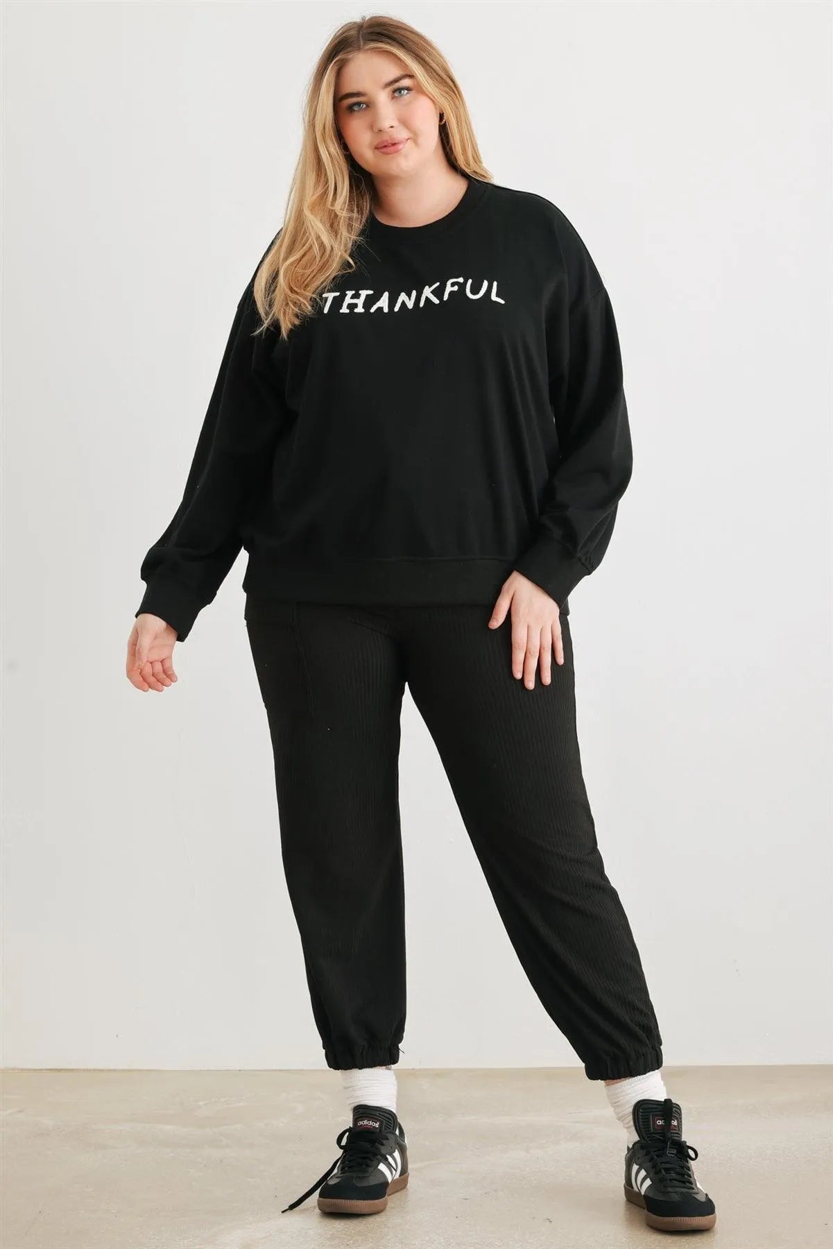 Junior Plus Black"Thankful" Cotton Long Sleeve Sweater /3-2-1 - Tasha Apparel Wholesale