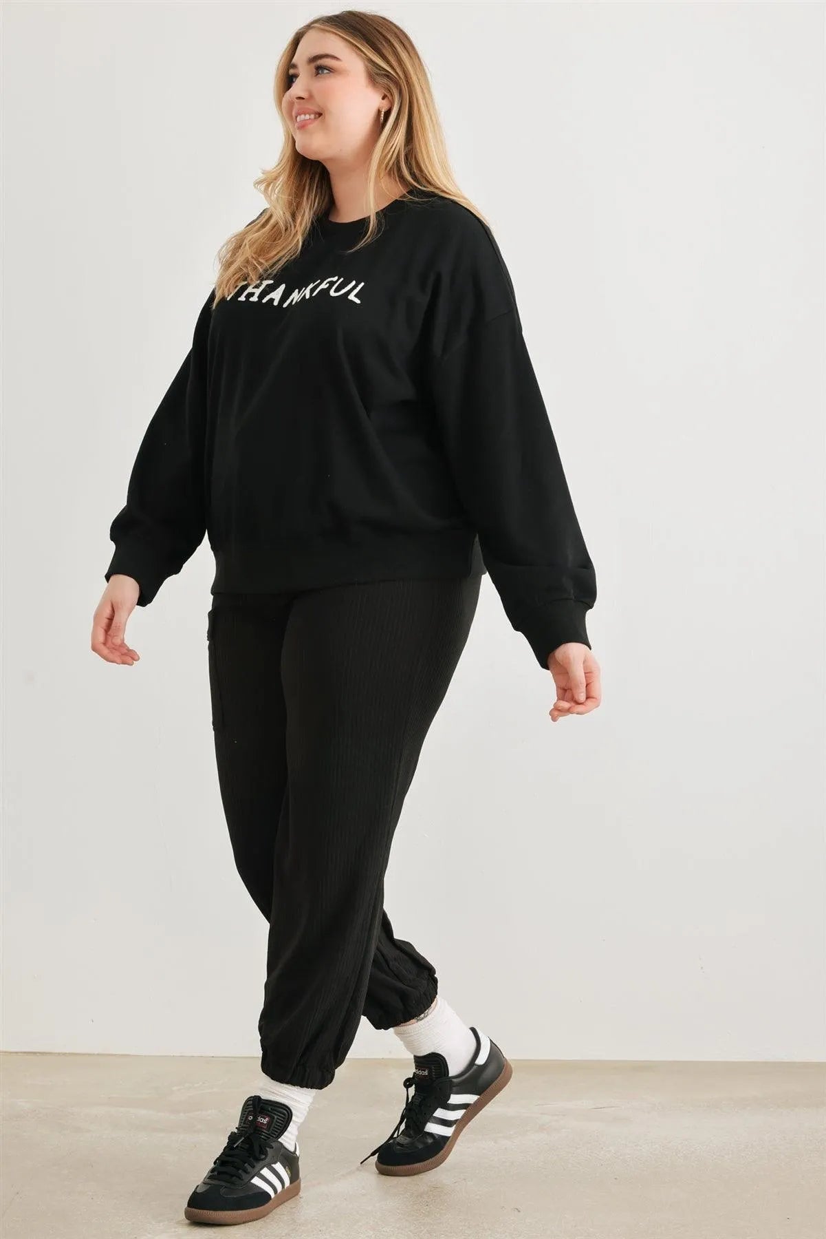 Junior Plus Black"Thankful" Cotton Long Sleeve Sweater /3-2-1 - Tasha Apparel Wholesale