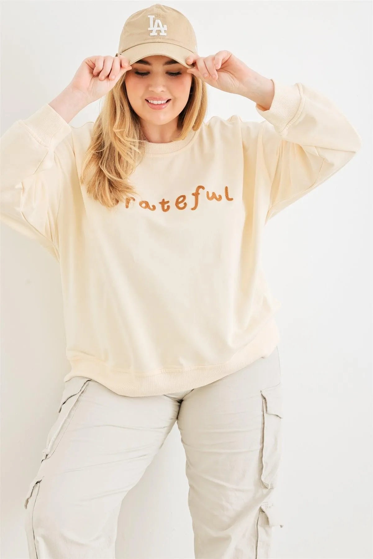 Junior Plus Cream "Grateful" Cotton Long Sleeve Sweater /2-2-1 - Tasha Apparel Wholesale