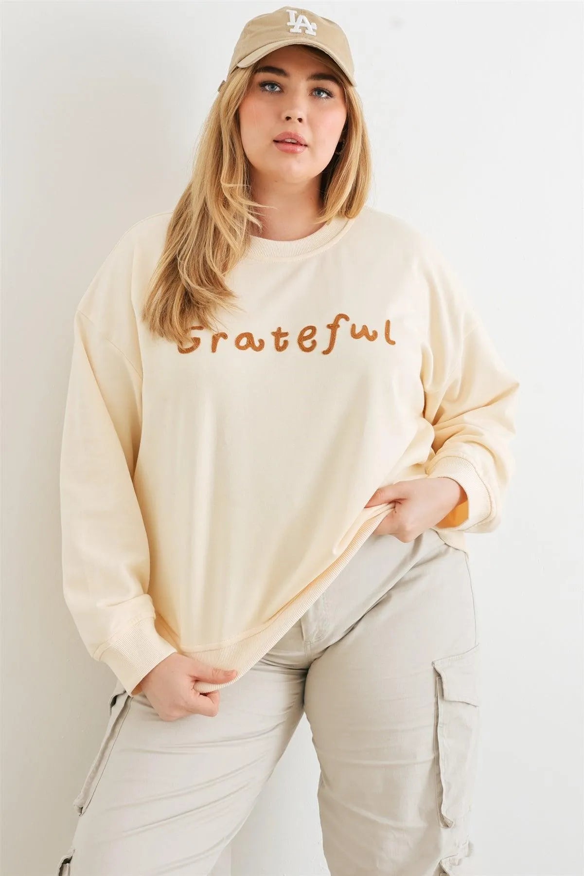 Junior Plus Cream "Grateful" Cotton Long Sleeve Sweater /2-2-1 - Tasha Apparel Wholesale