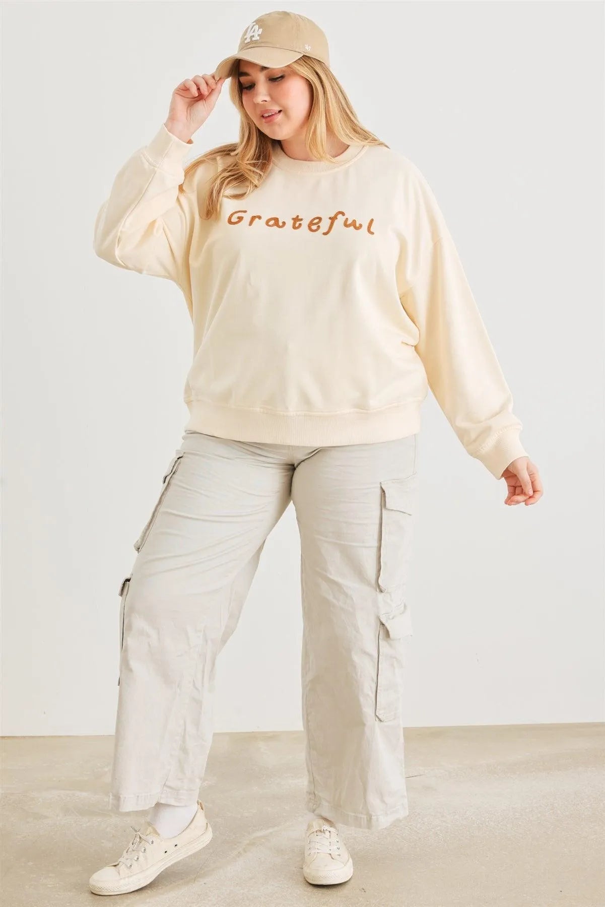 Junior Plus Cream "Grateful" Cotton Long Sleeve Sweater /2-2-1 - Tasha Apparel Wholesale