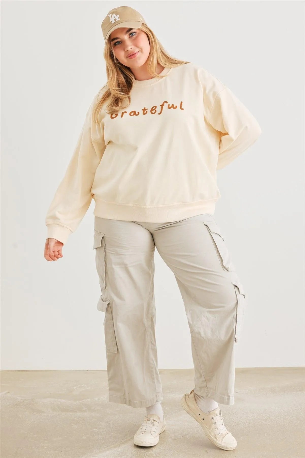 Junior Plus Cream "Grateful" Cotton Long Sleeve Sweater /2-2-1 - Tasha Apparel Wholesale