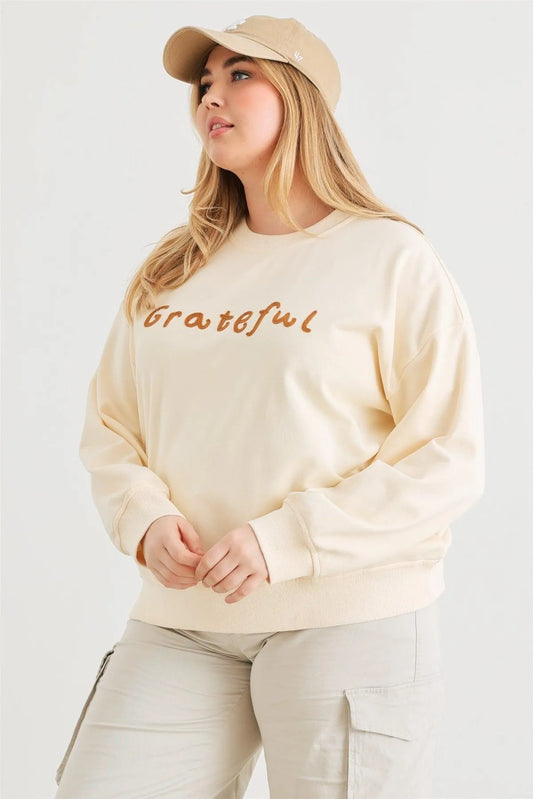 Junior Plus Cream "Grateful" Cotton Long Sleeve Sweater /3-2-1 - Tasha Apparel Wholesale