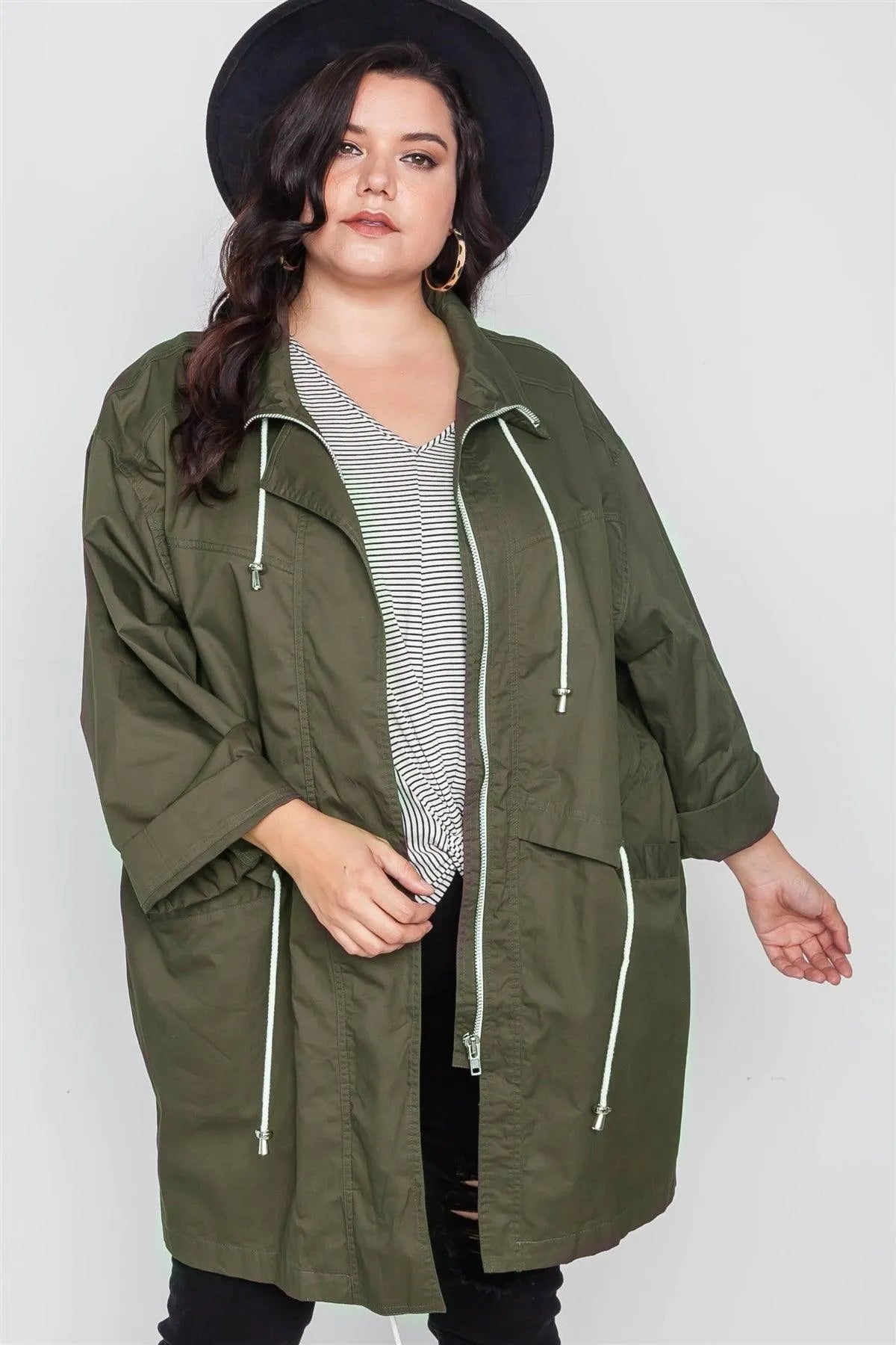 Plus Size Olive Utility Long Sleeve Jacket - Tasha Apparel Wholesale