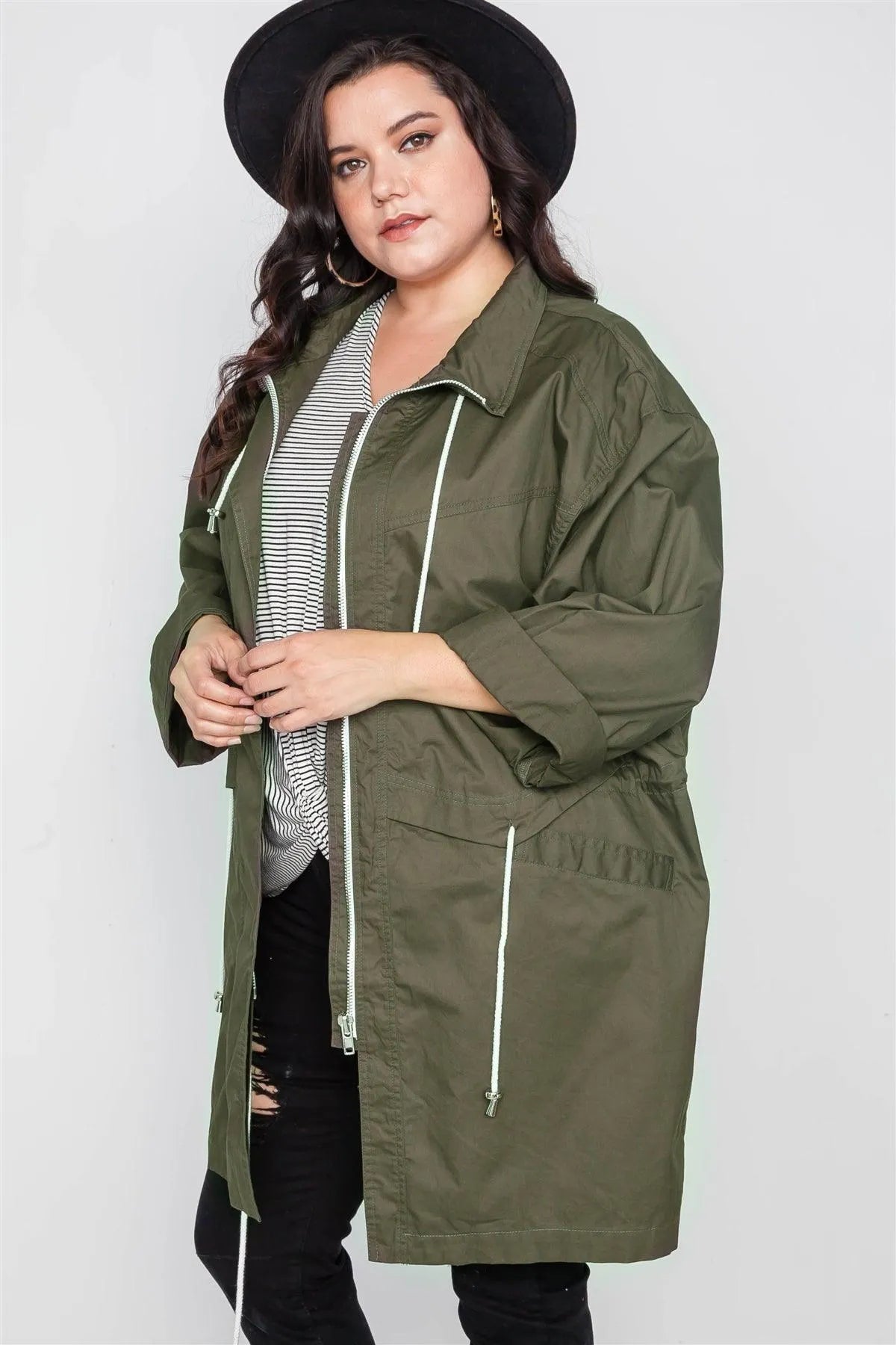 Plus Size Olive Utility Long Sleeve Jacket - Tasha Apparel Wholesale