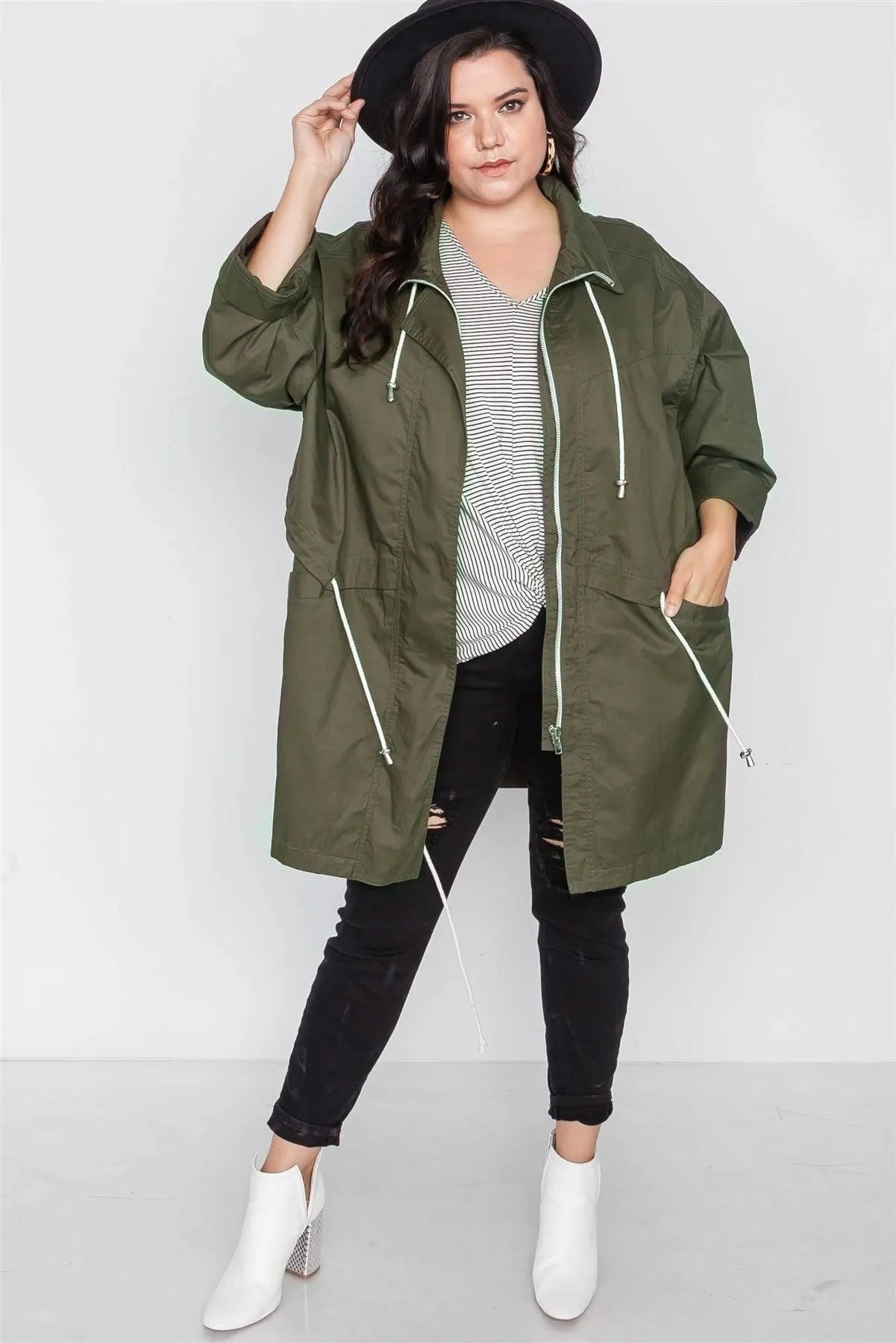 Plus Size Olive Utility Long Sleeve Jacket - Tasha Apparel Wholesale