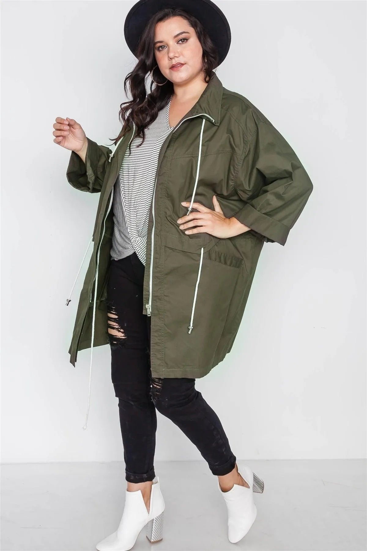Plus Size Olive Utility Long Sleeve Jacket - Tasha Apparel Wholesale