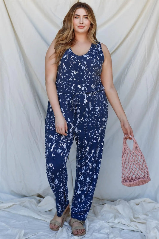 Junior Plus Navy & Mint Feather Print Sleeveless Jumpsuit /2-2-1 - Tasha Apparel Wholesale
