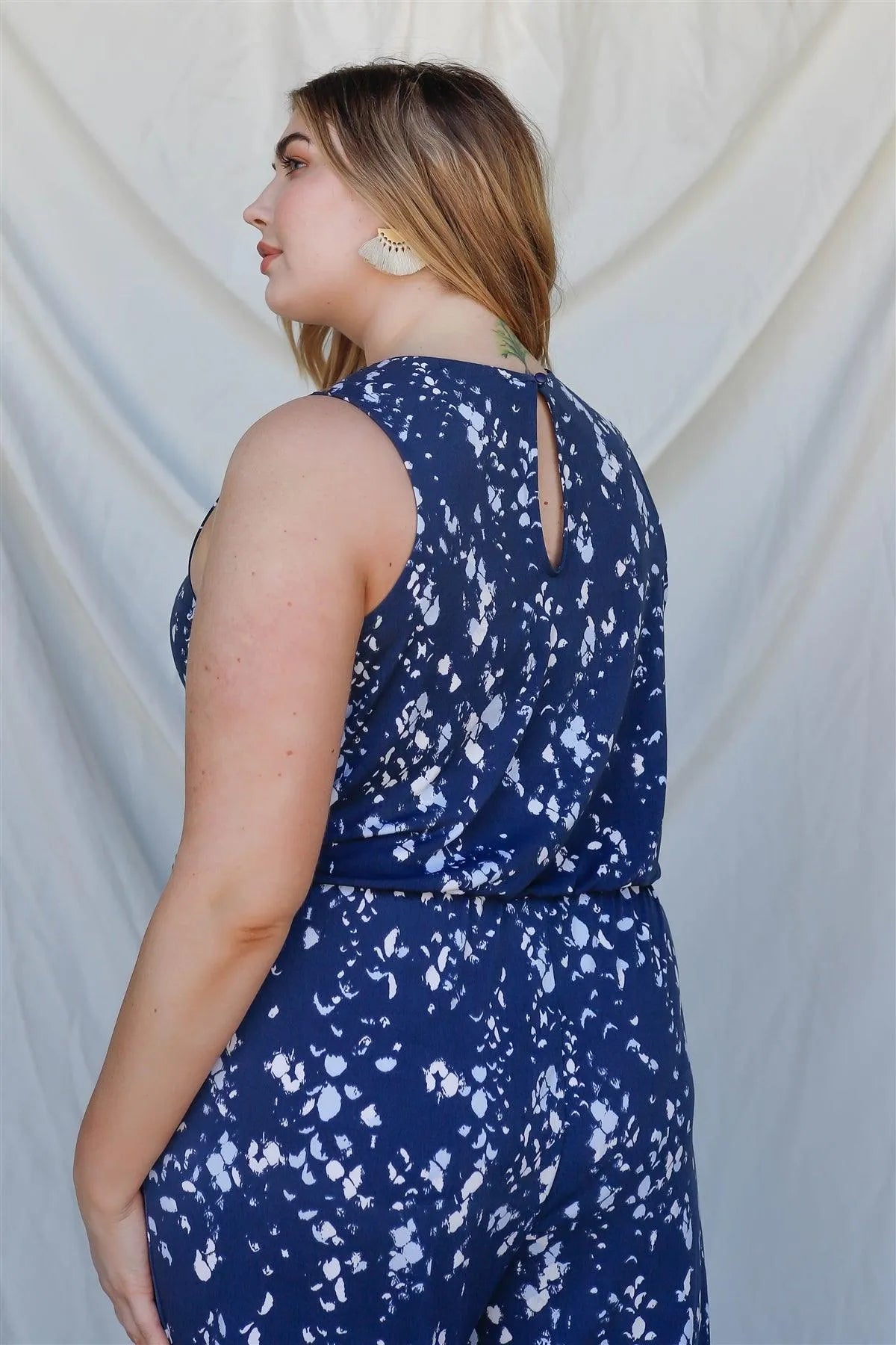 Junior Plus Navy & Mint Feather Print Sleeveless Jumpsuit /3-2-1 - Tasha Apparel Wholesale