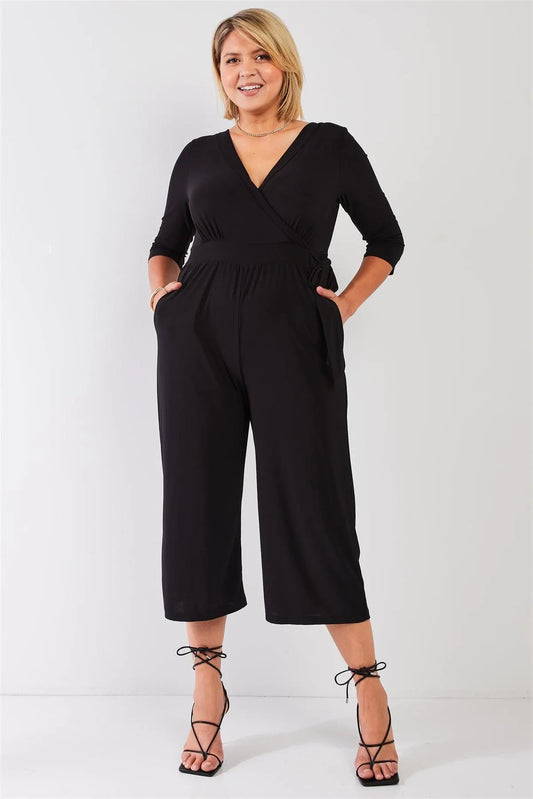 Junior Plus Black Plunging V-Neck Midi Sleeve Self-Tie Waist Detail Wide Leg Midi Jumpsuit /0X - Tasha Apparel Wholesale