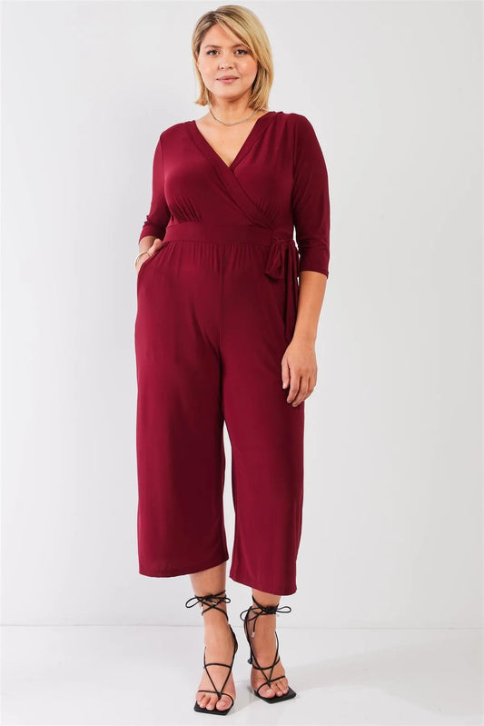 Junior Plus Burgundy Plunging V-Neck Midi Sleeve Self-Tie Waist Detail Wide Leg Midi Jumpsuit /0X - Tasha Apparel Wholesale