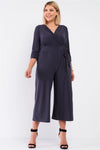 Junior Plus Dark Grey Plunging V-Neck Midi Sleeve Self-Tie Waist Detail Wide Leg Midi Jumpsuit /2-1-1 - Tasha Apparel Wholesale