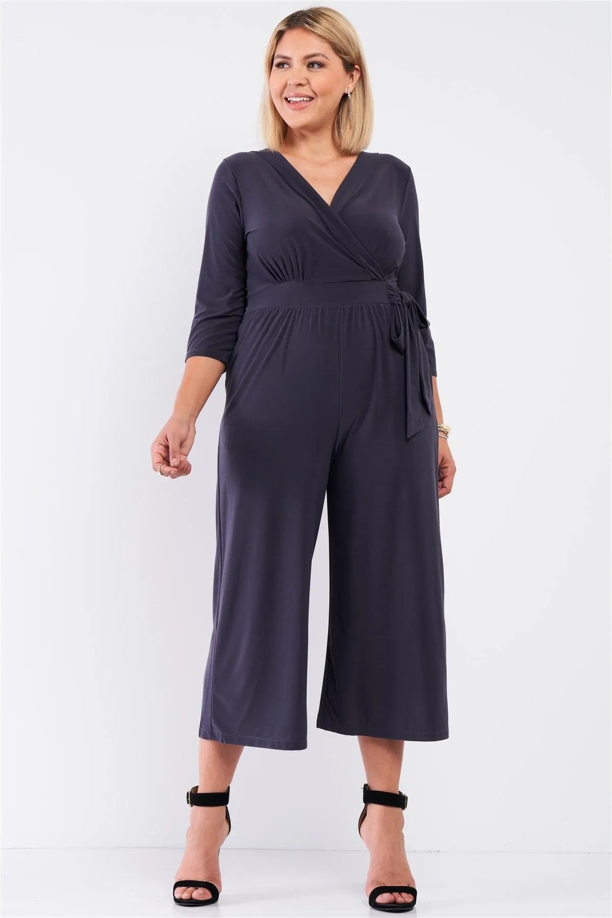 Junior Plus Dark Grey Plunging V-Neck Midi Sleeve Self-Tie Waist Detail Wide Leg Midi Jumpsuit /2-1-1 - Tasha Apparel Wholesale
