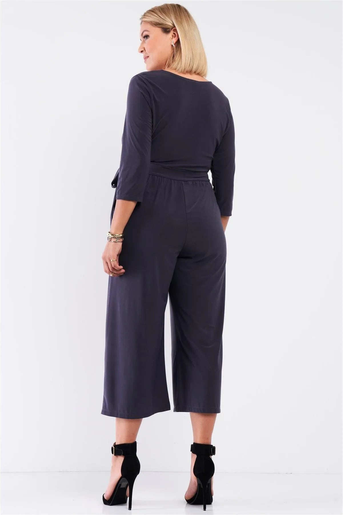 Junior Plus Dark Grey Plunging V-Neck Midi Sleeve Self-Tie Waist Detail Wide Leg Midi Jumpsuit /2-1-1 - Tasha Apparel Wholesale