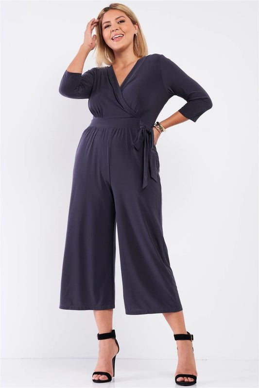 Junior Plus Dark Grey Plunging V-Neck Midi Sleeve Self-Tie Waist Detail Wide Leg Midi Jumpsuit /1-2-2-1 - Tasha Apparel Wholesale