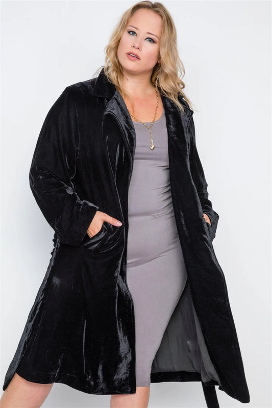 Plus Size Black Velvet Long Sleeve Trench Coat /3-3 - Tasha Apparel Wholesale