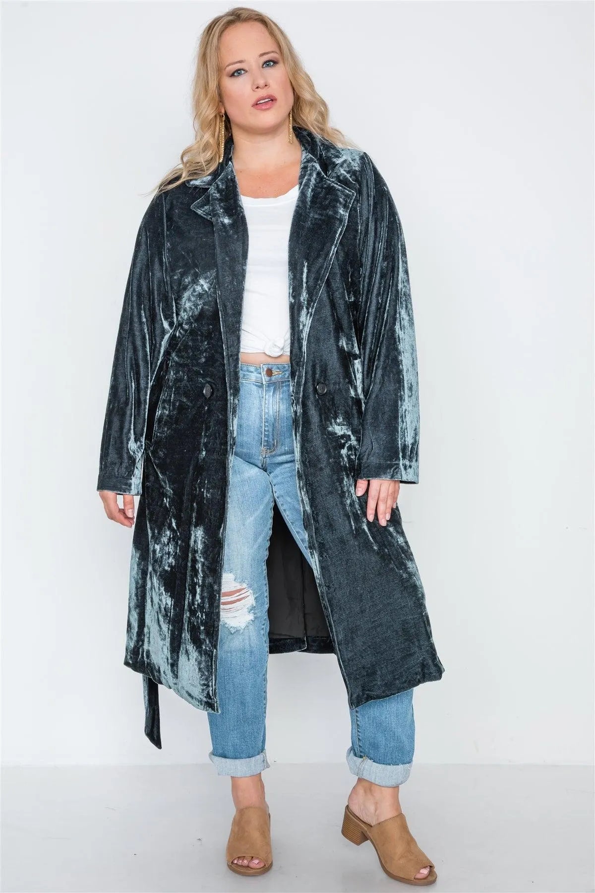 Plus Size Charcoal Velvet Long Sleeve Trench Coat /2-2 - Tasha Apparel Wholesale