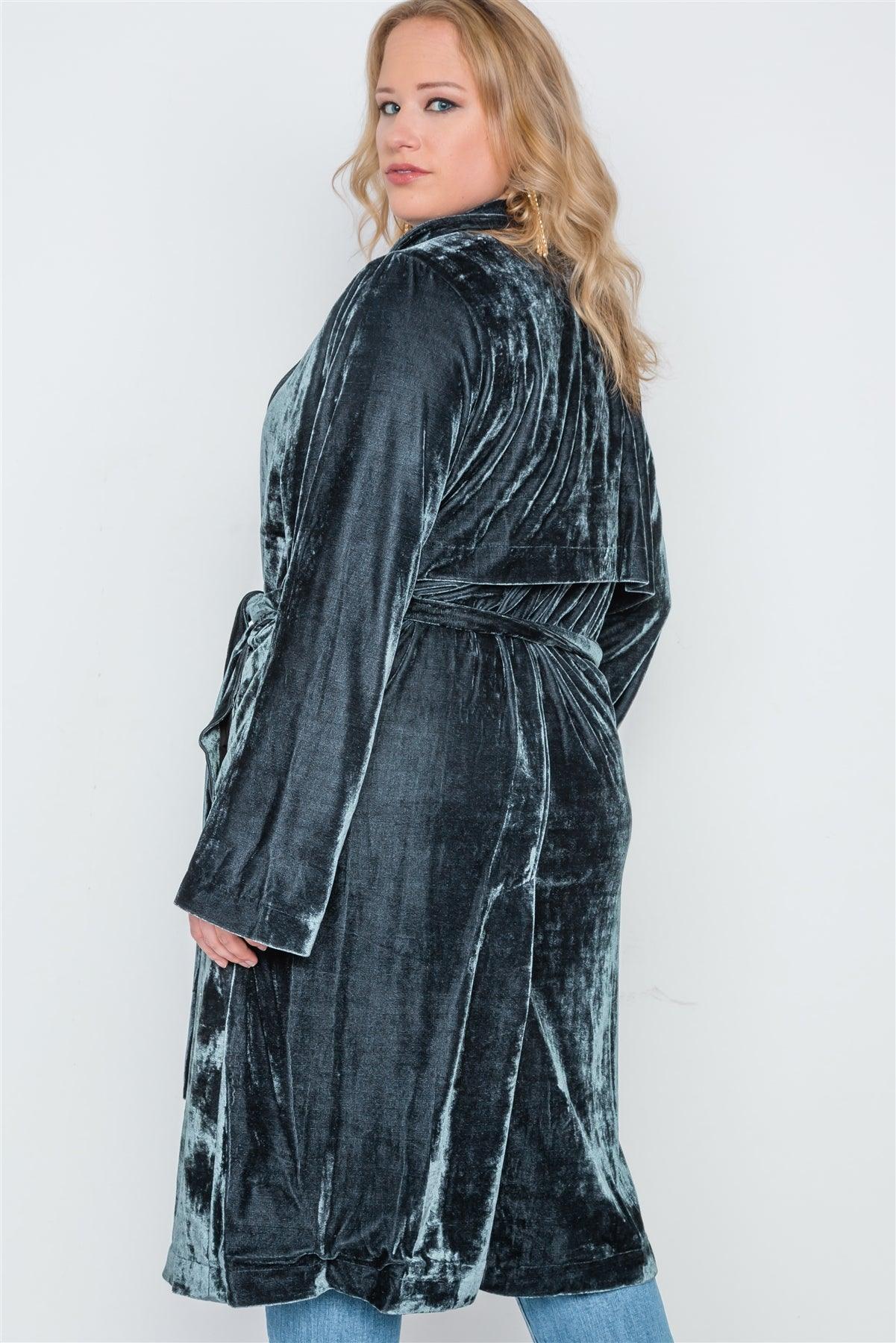 Plus Size Charcoal Velvet Long Sleeve Trench Coat /4-2
