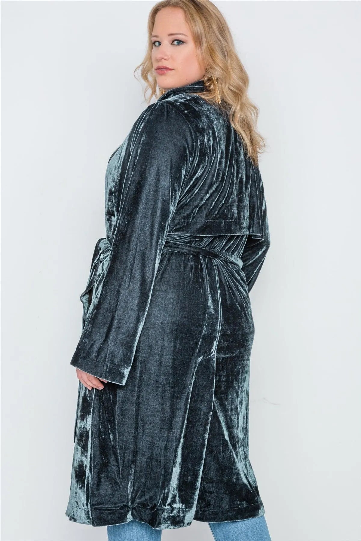 Plus Size Charcoal Velvet Long Sleeve Trench Coat /4-2 - Tasha Apparel Wholesale
