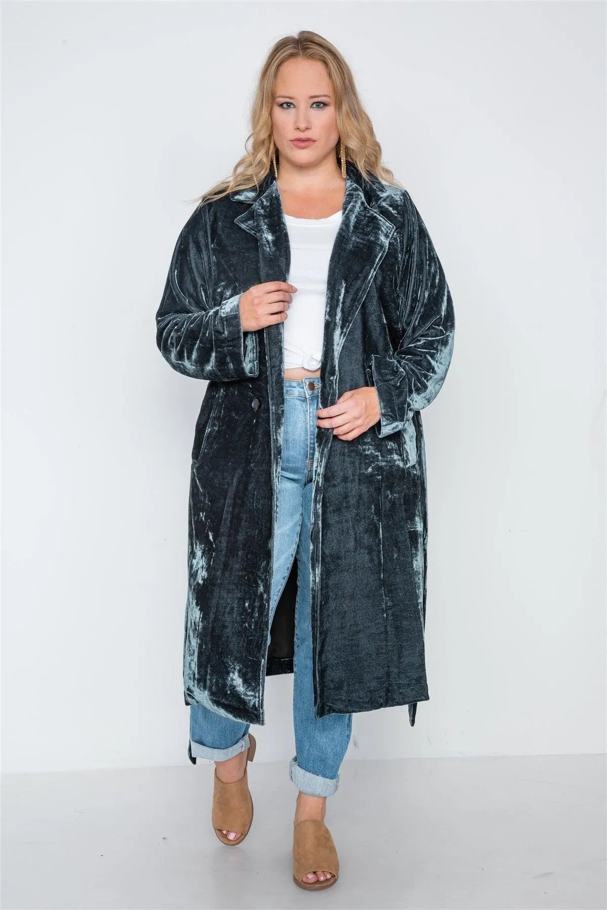 Plus Size Charcoal Velvet Long Sleeve Trench Coat /4-2 - Tasha Apparel Wholesale