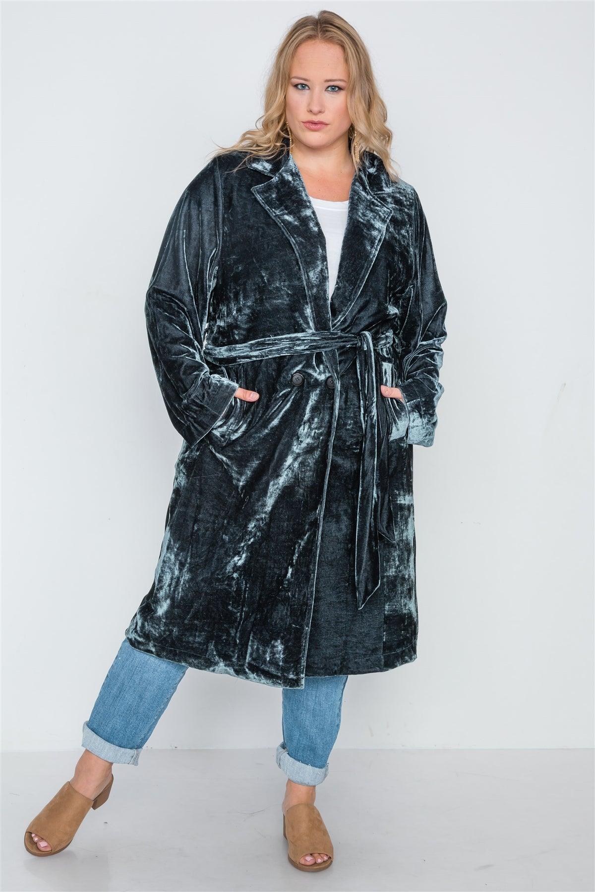 Plus Size Charcoal Velvet Long Sleeve Trench Coat /4-2