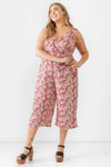 Junior Plus Brick & Off-White Tropical Two Pocket Wrap Sleeveless Jumpsuit /3-2-1 - Tasha Apparel Wholesale