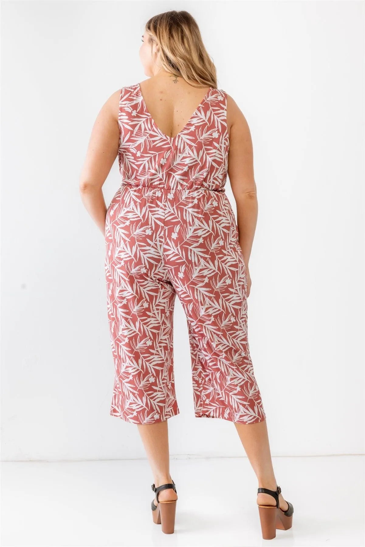 Junior Plus Brick & Off-White Tropical Two Pocket Wrap Sleeveless Jumpsuit /3-2-1 - Tasha Apparel Wholesale
