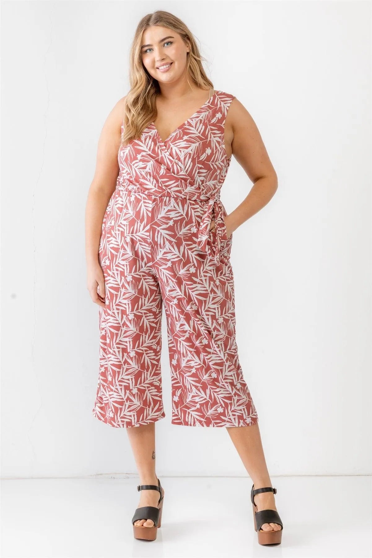 Junior Plus Brick & Off-White Tropical Two Pocket Wrap Sleeveless Jumpsuit /3-2-1 - Tasha Apparel Wholesale