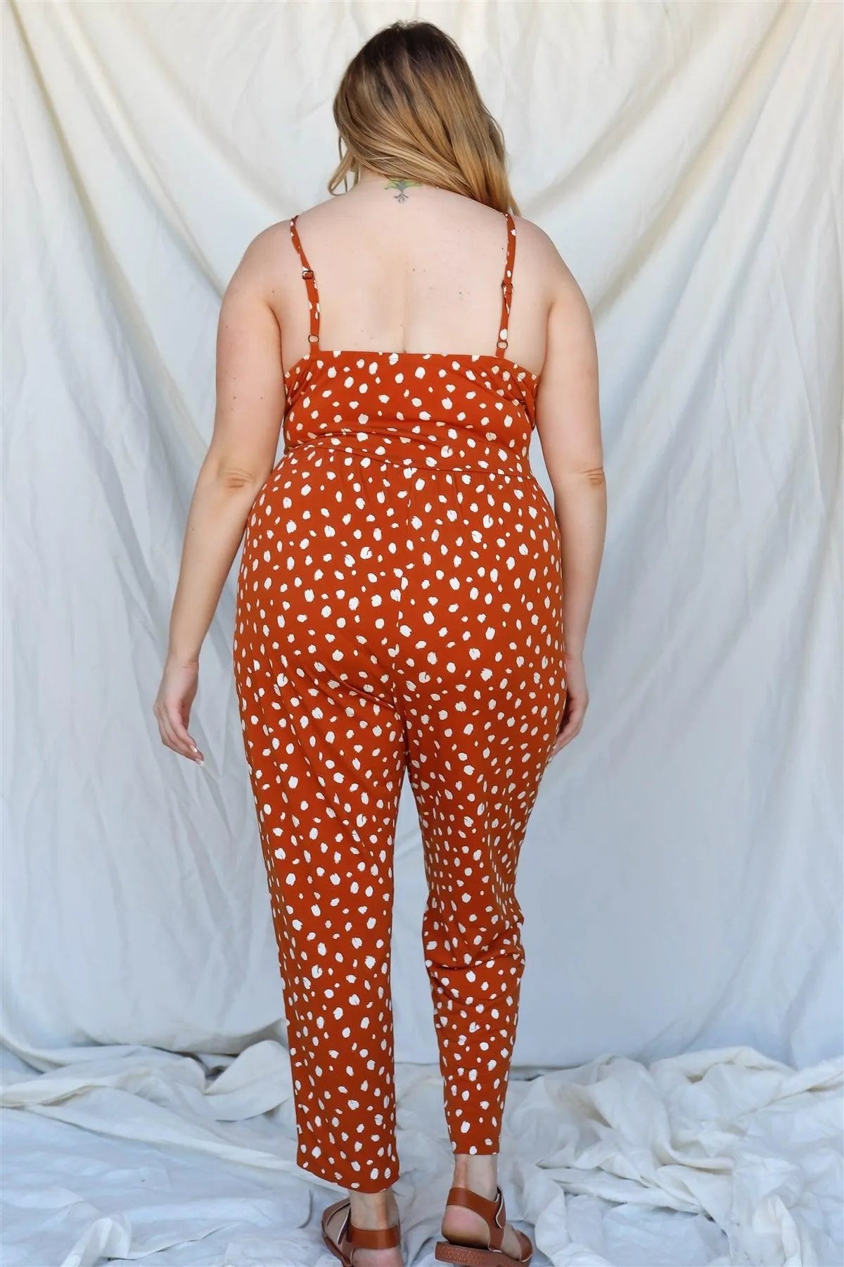 Junior Plus Copper & Ivory Paint Print Sleeveless Jumpsuit /2-2-1 - Tasha Apparel Wholesale