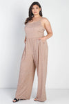 Junior Plus Taupe-Ivory Polka Print Sleeveless Jumpsuit /3-2-1 - Tasha Apparel Wholesale