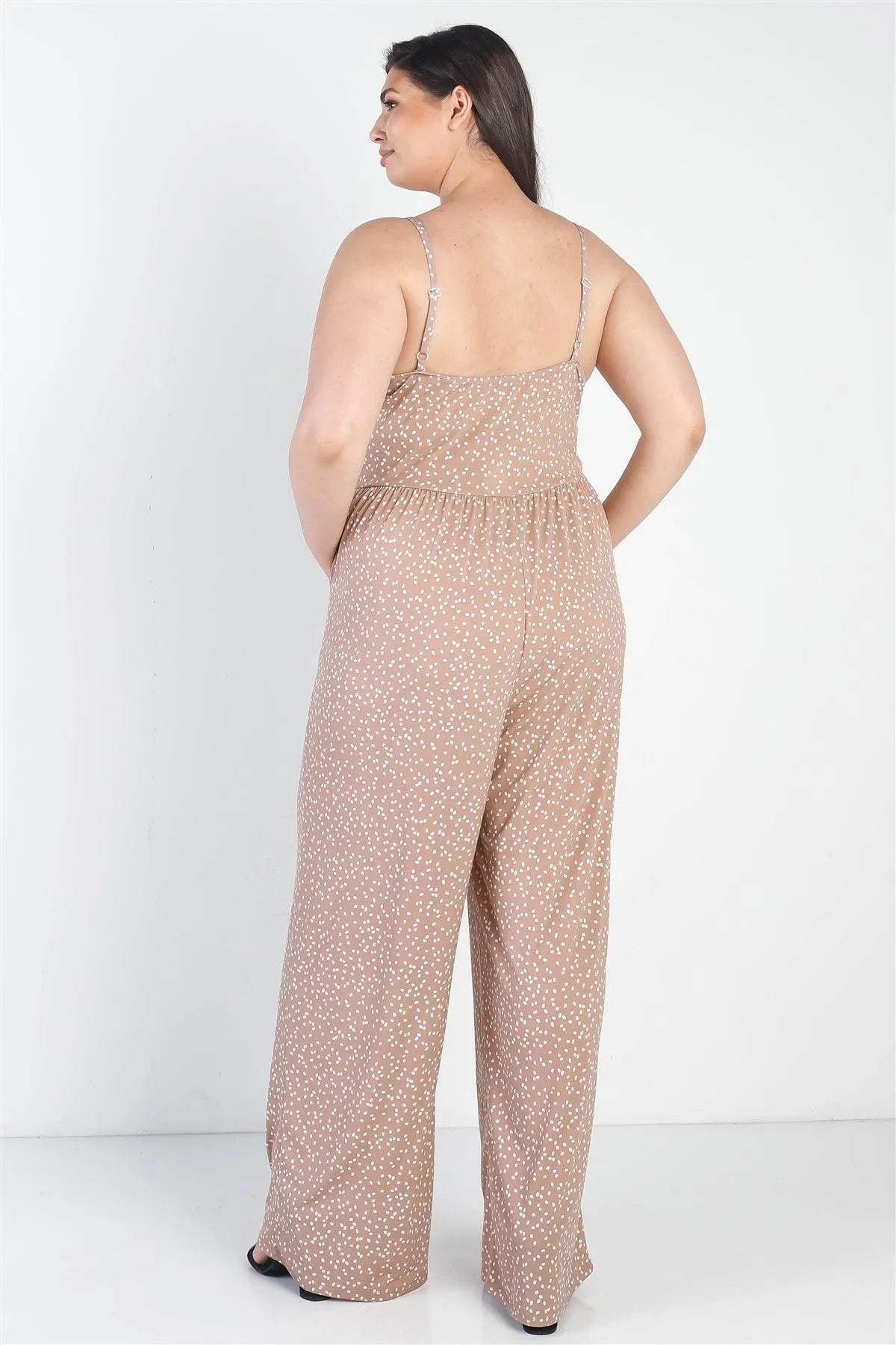 Junior Plus Taupe-Ivory Polka Print Sleeveless Jumpsuit /3-2-1 - Tasha Apparel Wholesale