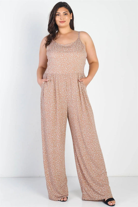Junior Plus Taupe-Ivory Polka Print Sleeveless Jumpsuit /4-2-1 - Tasha Apparel Wholesale