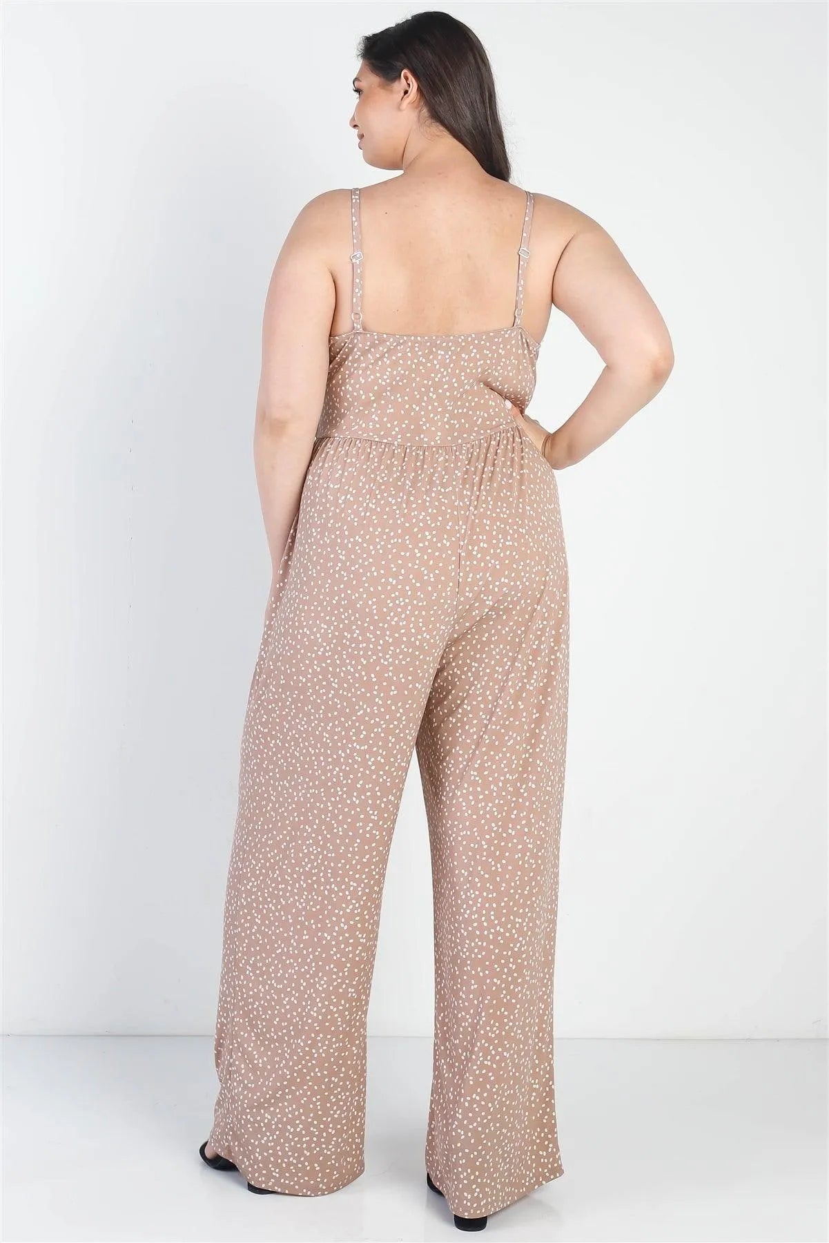 Junior Plus Taupe-Ivory Polka Print Sleeveless Jumpsuit /4-2-1 - Tasha Apparel Wholesale