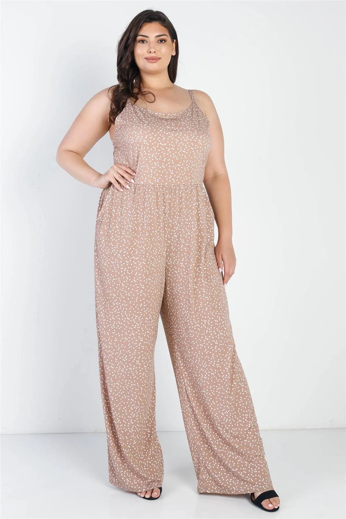 Junior Plus Taupe-Ivory Polka Print Sleeveless Jumpsuit /4-2-1 - Tasha Apparel Wholesale