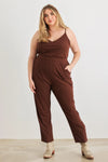 Junior Plus Brown Ribbed Two Pocket V-Neck Strappy Jumpsuit /3-2-1 - Tasha Apparel Wholesale
