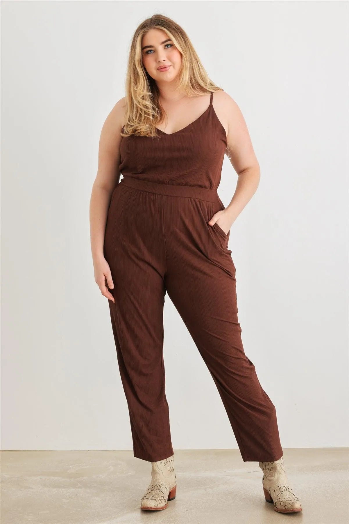 Junior Plus Brown Ribbed Two Pocket V-Neck Strappy Jumpsuit /3-2-1 - Tasha Apparel Wholesale