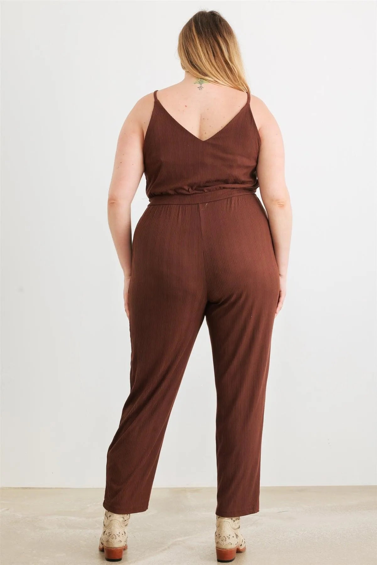 Junior Plus Brown Ribbed Two Pocket V-Neck Strappy Jumpsuit /3-2-1 - Tasha Apparel Wholesale