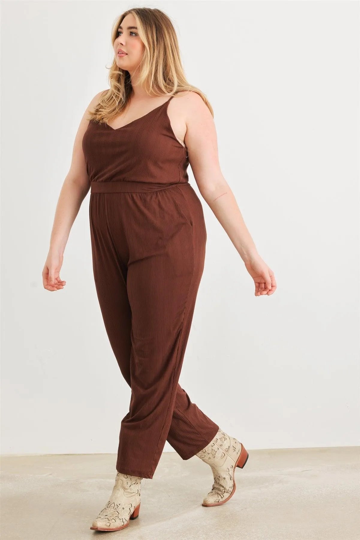 Junior Plus Brown Ribbed Two Pocket V-Neck Strappy Jumpsuit /3-2-1 - Tasha Apparel Wholesale
